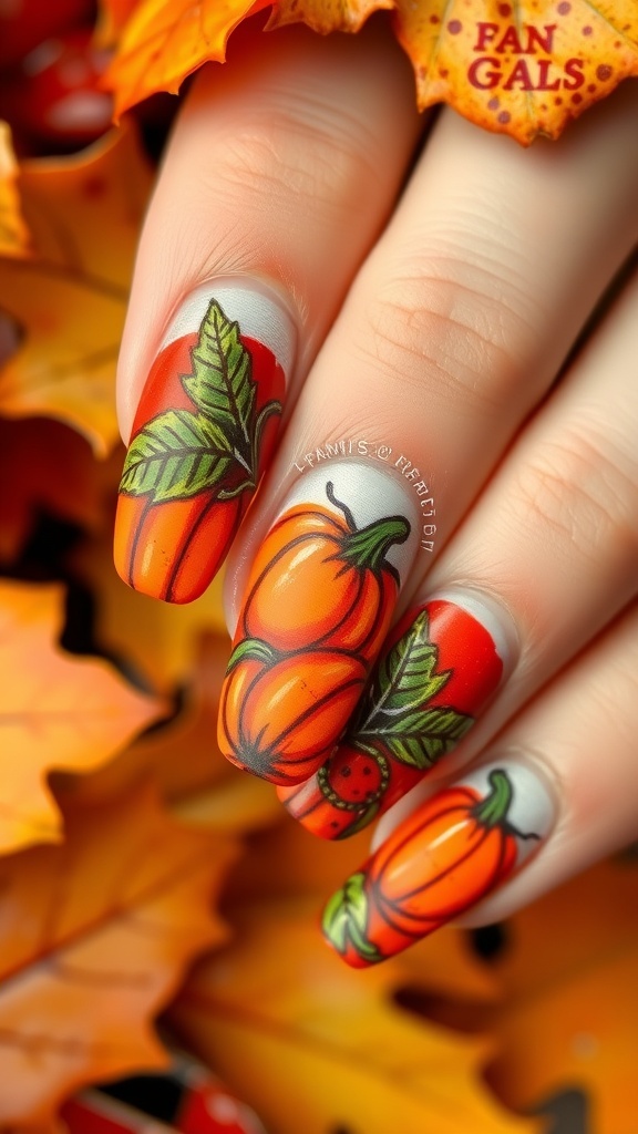 Close-up of autumn pumpkin nail art with orange pumpkins and green leaves on a rustic background.